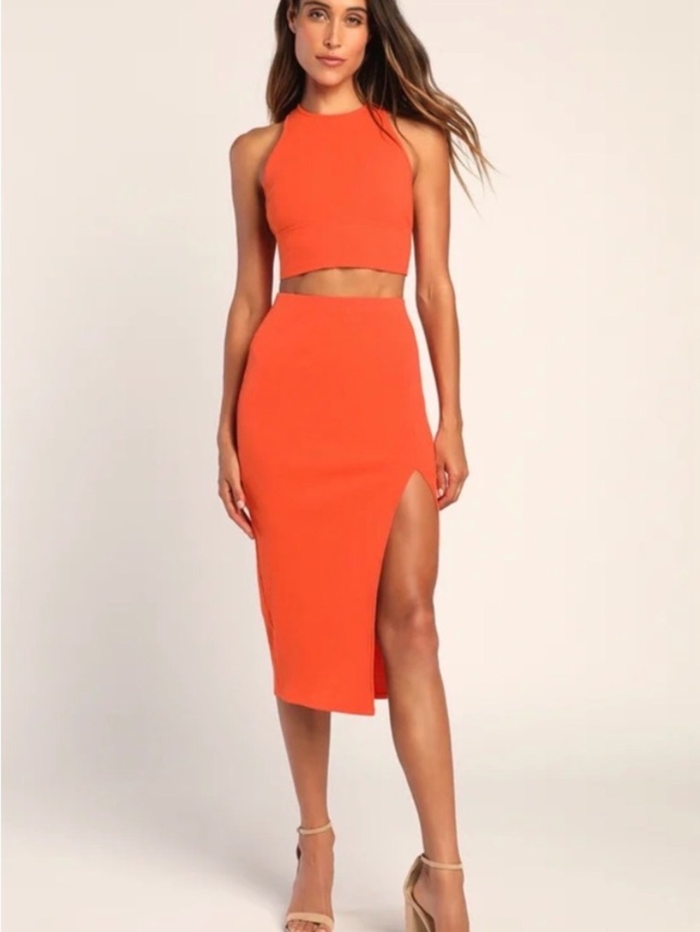 Lulus orange ribbed cropped tank and skirt set